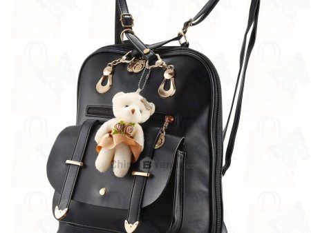 Women Fashionable Backpack Cute Bear Pendant PU Leather Girls Schoolbag Casual Daypack Adjustable Shoulder Straps Hot on Sale