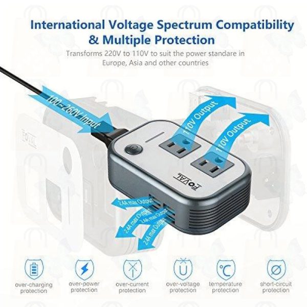 Foval Power Step Down 220V to 110V Voltage Converter with 4-Port USB International Travel Adapter for China UK European Etc - [Use for US appliances Overseas] Online Sale