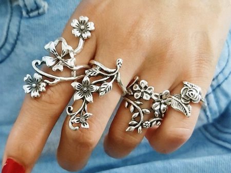 4Pcs Set Vintage Ancient Silver Sen Vine Leaves Flower Rose Hot on Sale