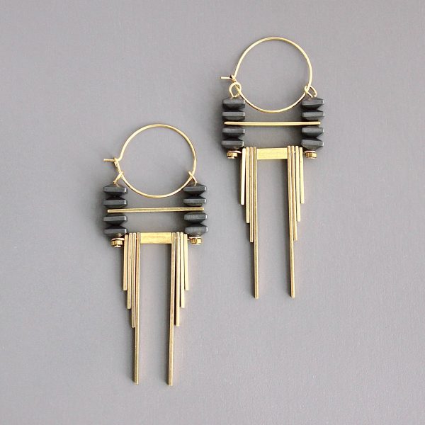 Deco Hematite & Brass Hoop Earrings Fashion