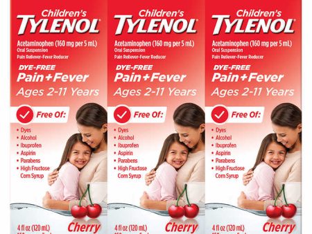 Children s Tylenol Dye-Free Pain+Fever Relief Liquid, Cherry Flavor 4 oz X 3 Bottles Fashion