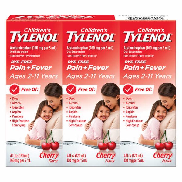 Children s Tylenol Dye-Free Pain+Fever Relief Liquid, Cherry Flavor 4 oz X 3 Bottles Fashion