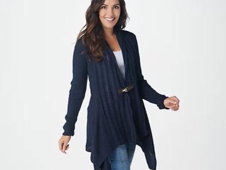 Denim & Co. Cable Knit Long-Sleeve Cardigan with Buckle Closure X-Small Navy Cheap