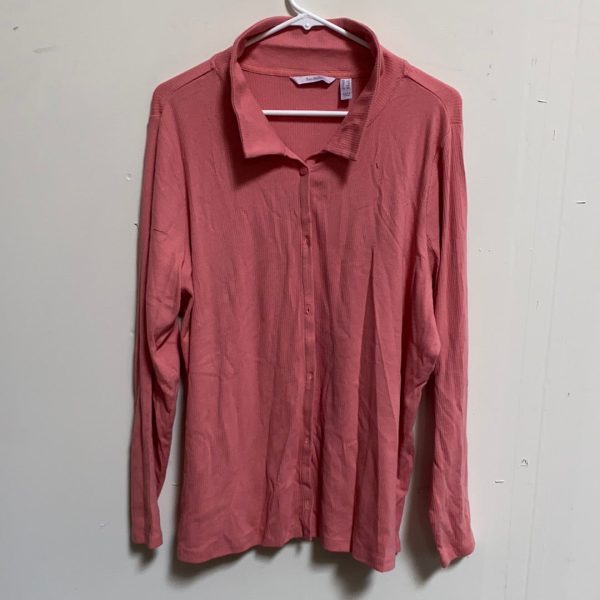 AnyBody Cozy Knit Collared Rib Button Front Long Sleeve Top Rose,Size 1X Online Hot Sale