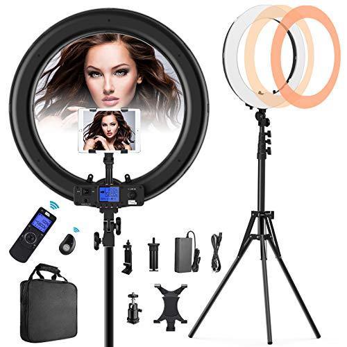 Ring Light with Wireless Remote and iPad Holder, Pixel 19  Bi-Color LCD Display Ring Light with Stand and Selfie Remote, 55W 3000-5800K CRI≥97 Light Ring for Live Stream Self-Portrait Video Shooting on Sale