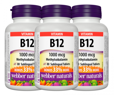 3 x Webber Naturals B12, 1000 mcg Sublingual (Methylcobalamin), 80 Tablets Bonus Bundle Sale