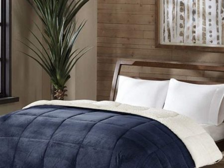 Premier Comfort Reversible Micro Velvet and Sherpa Down Alternative Twin Comforter, Navy For Cheap