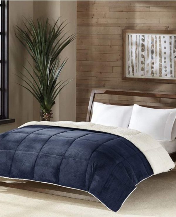 Premier Comfort Reversible Micro Velvet and Sherpa Down Alternative Twin Comforter, Navy For Cheap