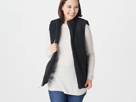 Denim & Co. Reversible Quilted to Sherpa Zip-Front Vest, Black For Cheap