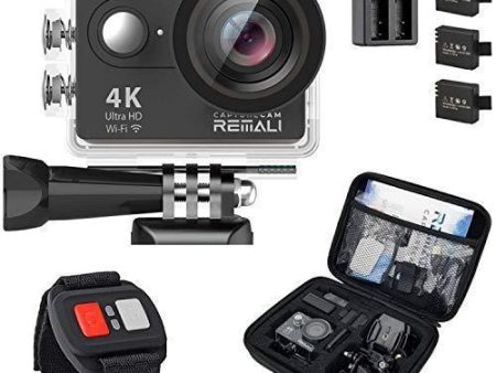 REMALI CaptureCam 4K Ultra HD and 12MP Waterproof Sports Action Camera Kit with Carrying Case, 3 Batteries, Dual Battery Charger, 2” LCD Screen, WiFi, Remote Control, and 21 Mounts and Accessories Online Sale