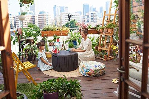 Keter Circa 37 Gallon Round Deck Box, Patio Table for Outdoor Cushion Storage, Brown Fashion