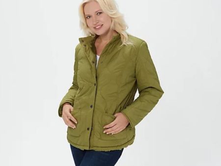 Isaac Mizrahi Live! Reversible Quilted to Sherpa Jacket Medium Green Olive For Cheap