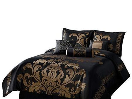 Chezmoi Collection 7-Piece Jacquard Floral Comforter Set Bed-in-a-Bag Set, Queen, Black Gold Fashion