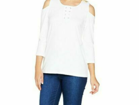 Susan Graver Weekend Stretch Cotton Modal Cold Shoulder Top, White, Size 2X on Sale