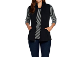 As Is  Denim & Co. Active Striped 3 4 Sleeve Top w Zip Front Peplum Vest Set, Size 1X	Black on Sale