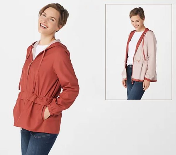 LOGO by Lori Goldstein Reversible Solid Nylon Hooded Jacket Small Red Clay Hot on Sale