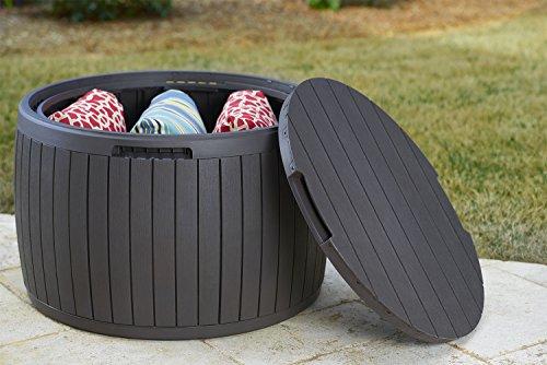 Keter Circa 37 Gallon Round Deck Box, Patio Table for Outdoor Cushion Storage, Brown Fashion