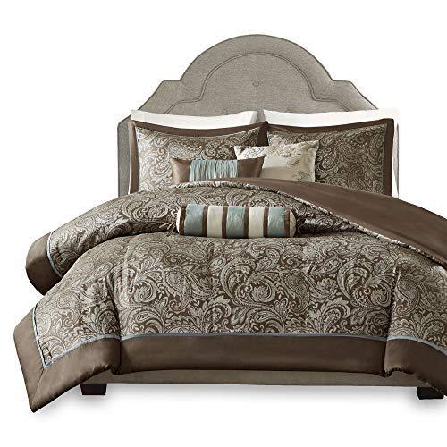 Madison Park Aubrey Duvet Cover King Cal King Size - Blue, Brown , Paisley Jacquard Duvet Cover Set – 6 Piece – Ultra Soft Microfiber Light Weight Bed Comforter Covers Discount