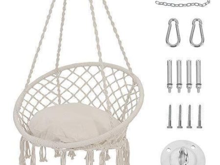 Patio Watcher Hammock Chair Macrame Swing with Cushion and Hanging Hardware Kits, Handmade Knitted Mesh Rope Swing Chair for Indoor, Outdoor, Home, Bedroom, Patio, Yard，Deck, Garden Online now